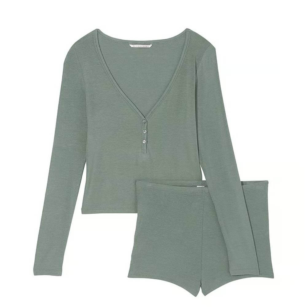Комплект пижамный Victoria's Secret Ribbed Modal Henley, 2 предмета, зеленый комплект пижамный женский из футболки с коротким рукавом и шорт