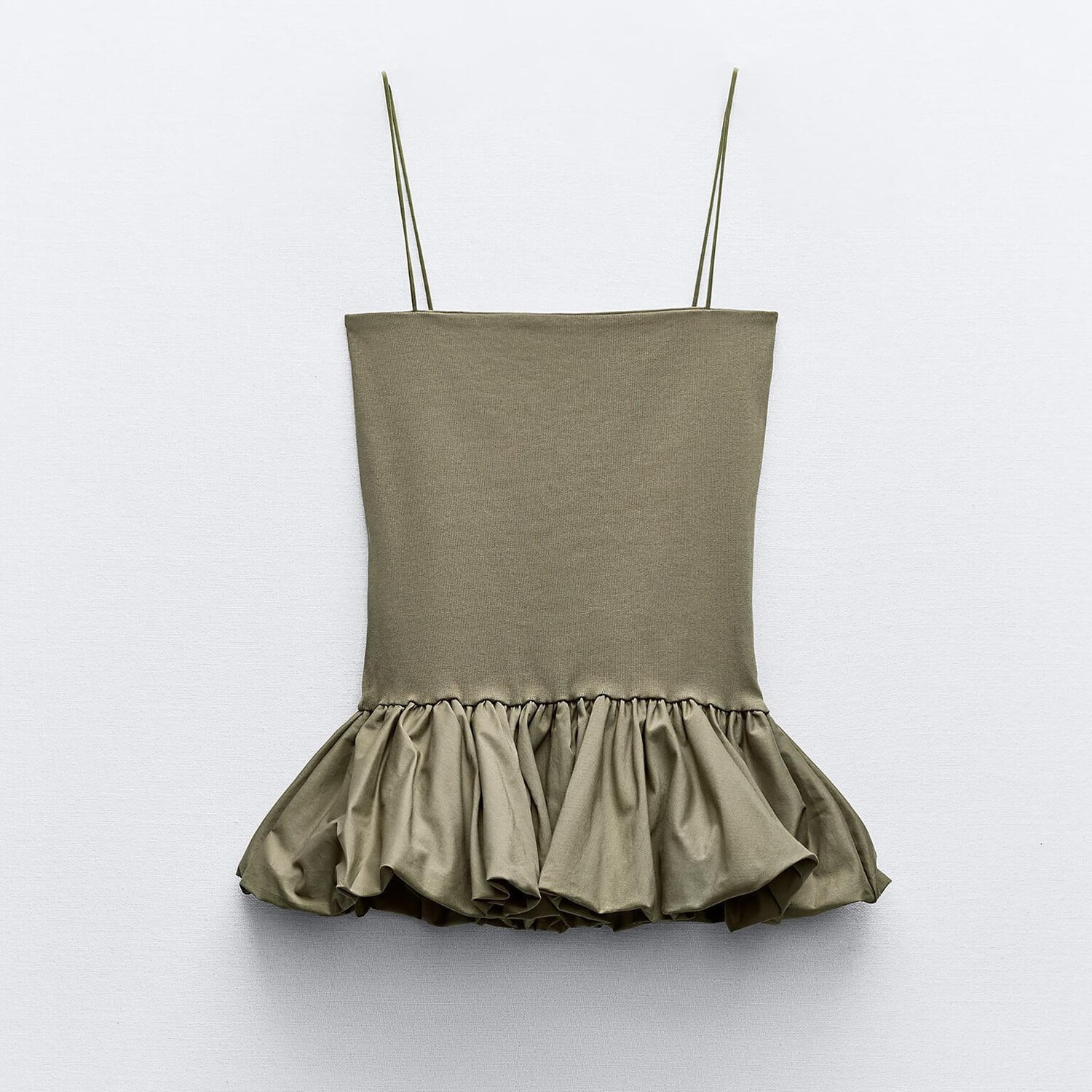 

Топ Zara Contrast Ribbed Poplin Puff, хаки