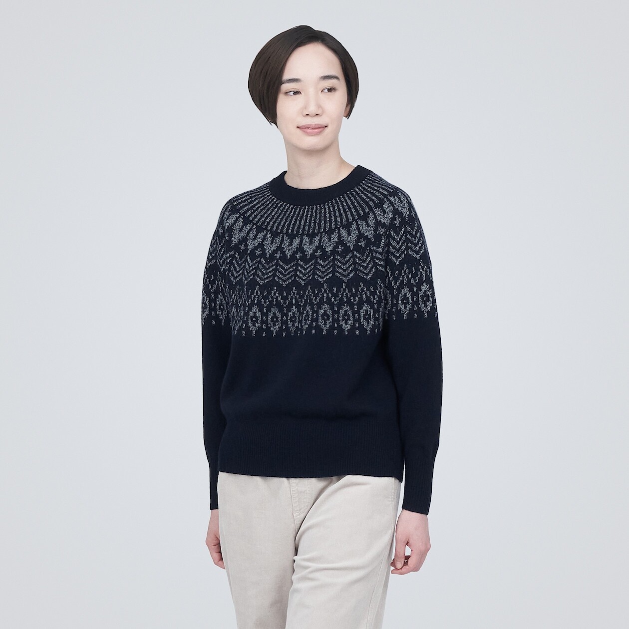 

Жаккардовый свитер с круглым вырезом из мериносовой шерсти MUJI, темно-синий узор