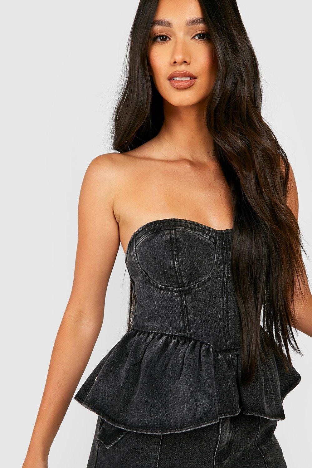 

Корсетный топ из денима с баской по низу Boohoo, черный