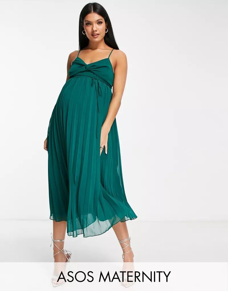 

Зеленое платье миди на бретелях со складками и поясом ASOS DESIGN Maternity