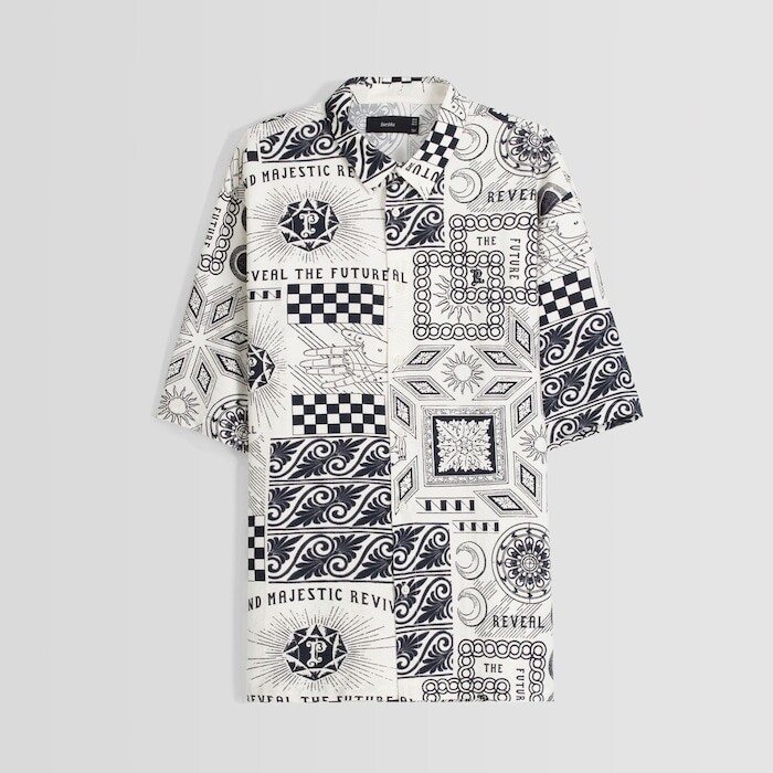 

Рубашка Bershka Rustic Print Short Sleeve, белый/черный