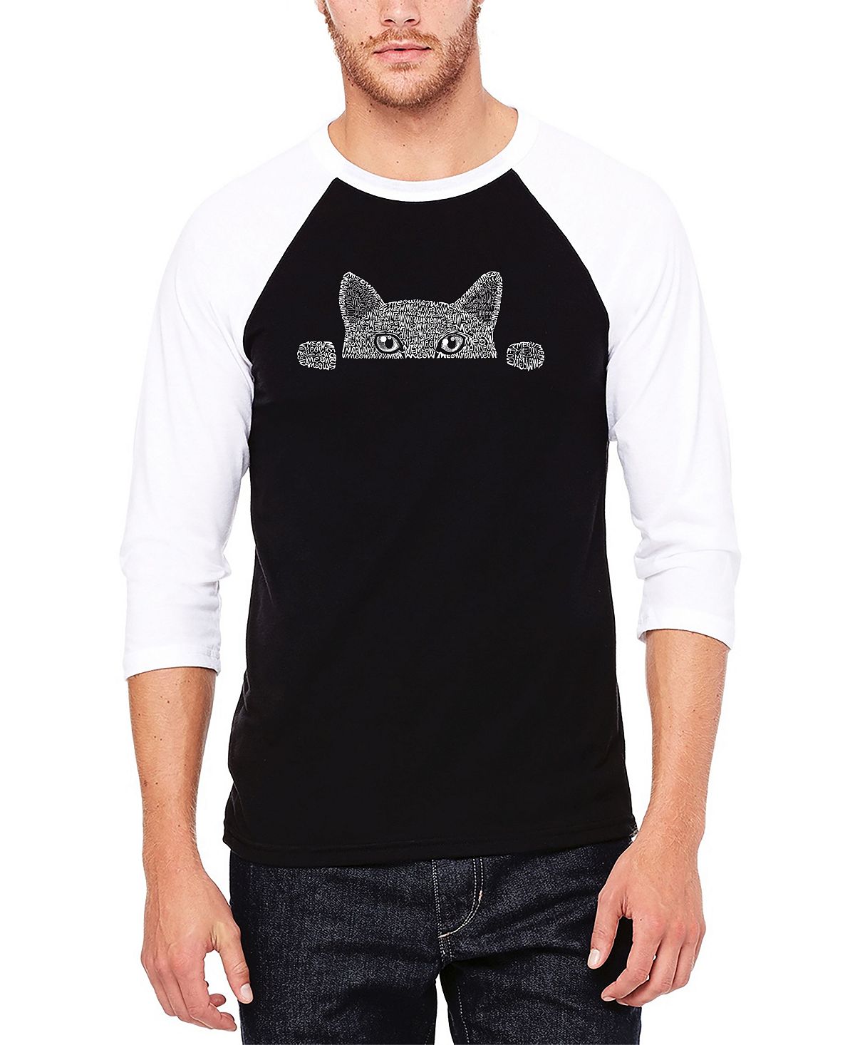 Мужская бейсбольная футболка peeking cat raglan word art LA Pop Art, черно-белый