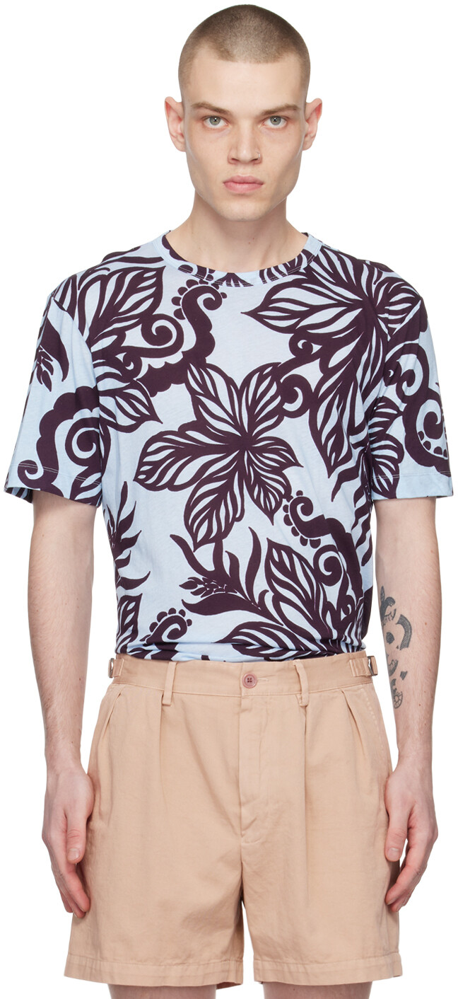 

Синяя футболка с цветочным принтом Dries Van Noten, Синий