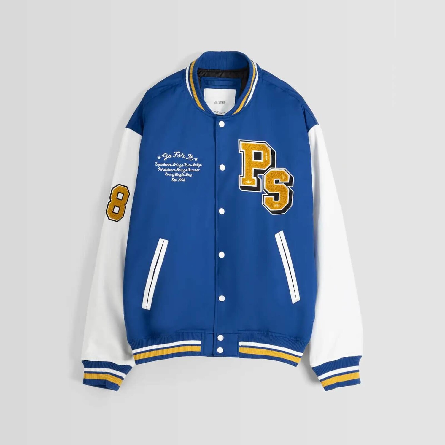

Бомбер Bershka Puffer Bomber With Patches, синий/белый