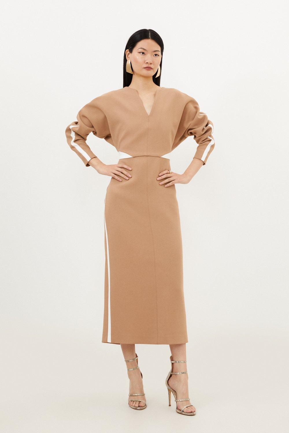 Компактное приталенное платье миди с контрастными вставками и стретч-стилем Karen Millen, бежевый