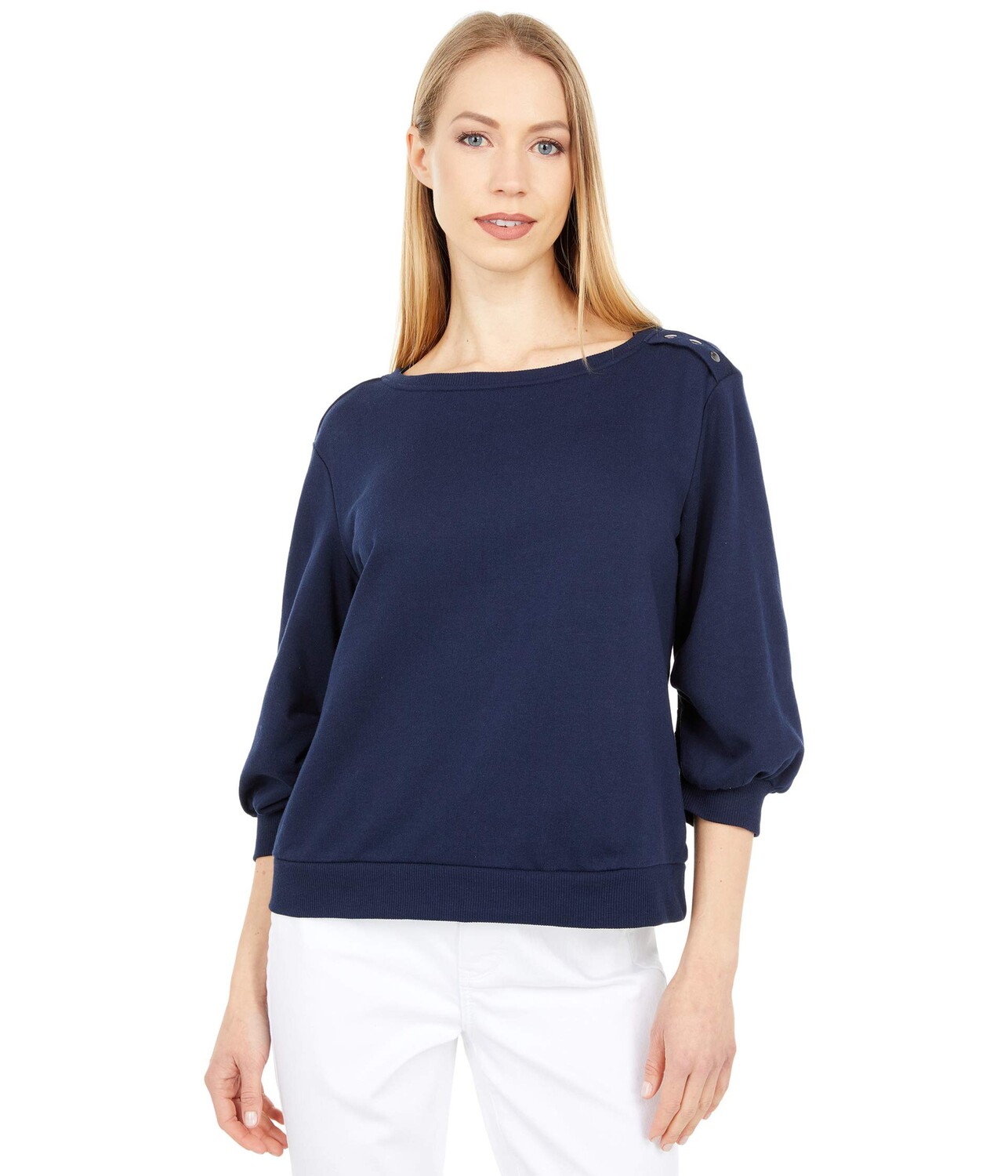 

Свитер Vince Camuto, Puff Sleeve Solid Terry Snap Shoulder Top, Синий