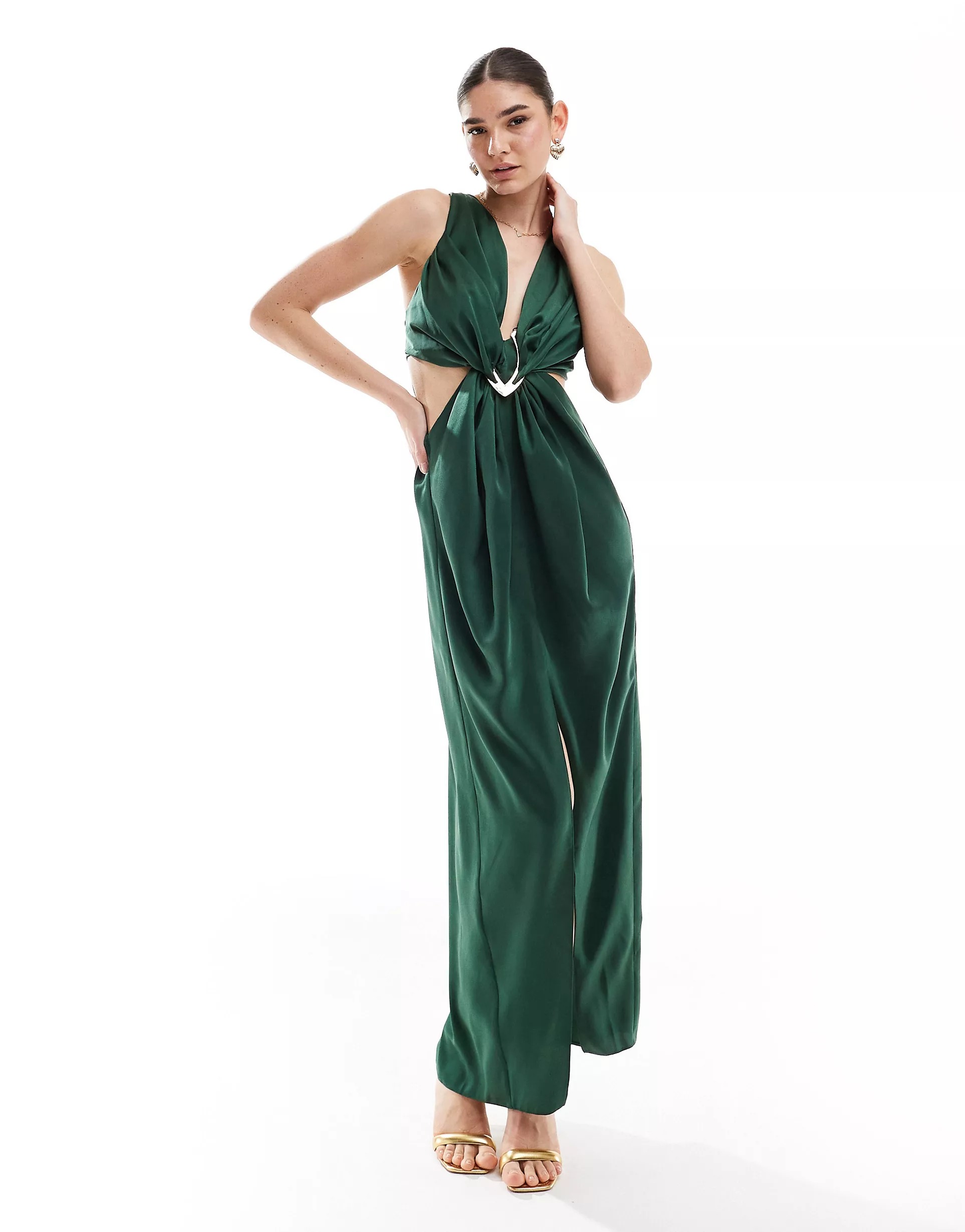 Платье макси Asos Design Satin Plunge Front With Buckle, темно-зеленый
