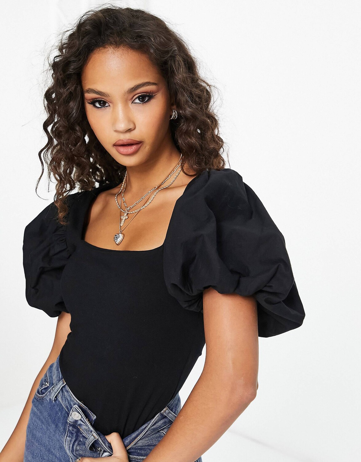 

Черное боди с объемными рукавами из хлопкового поплина ASOS DESIGN