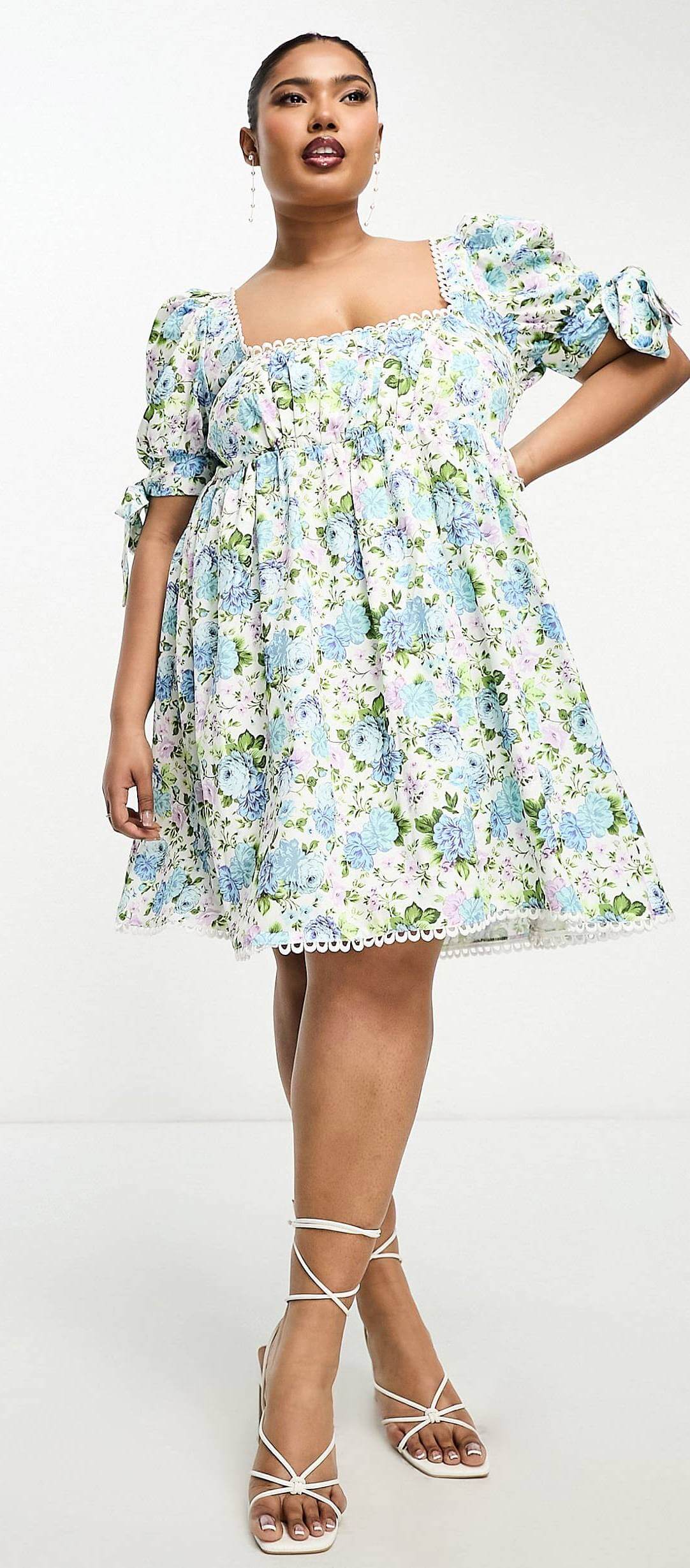Мини-платье с пышными рукавами и цветочным орнаментом The Frolic Plus Edge, белый/голубой/зеленый цена и фото