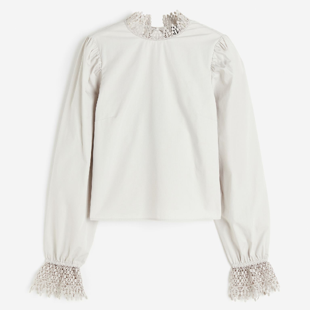 Блузка H&M Lace-trimmed Poplin, светло-серый