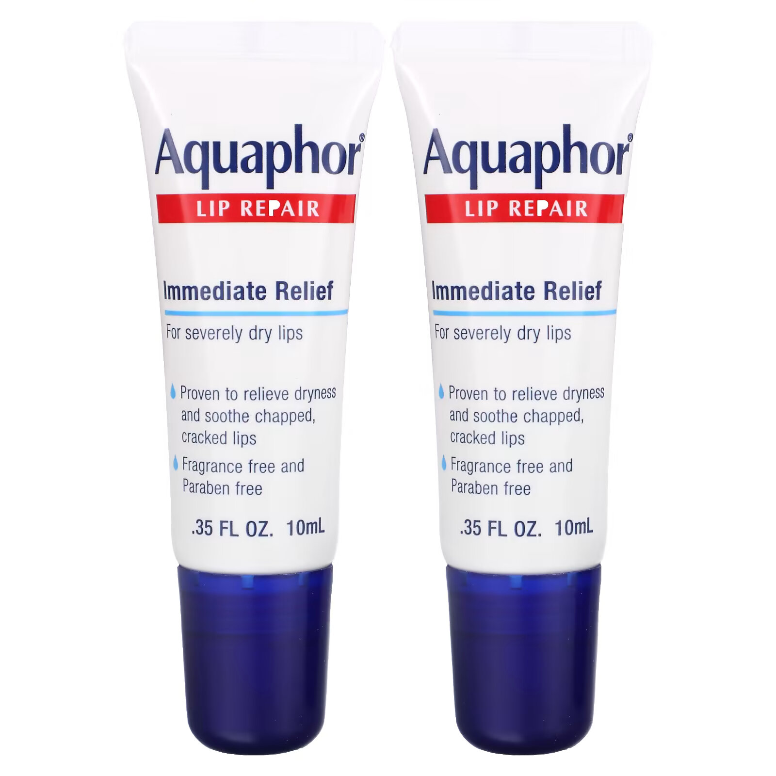 Aquaphor, Lip Repair, немедленное облегчение, без отдушек, 2 тюбика по 10 мл (0,35 жидк. Унции) восстановление губ aquaphor немедленное облегчение 2 тюбика по 10 мл