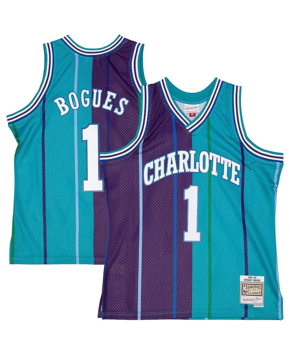 

Мужская футболка muggsy bogues teal, purple charlotte hornets hardwood classics 1992-93 split swingman jersey Mitchell & Ness, мульти