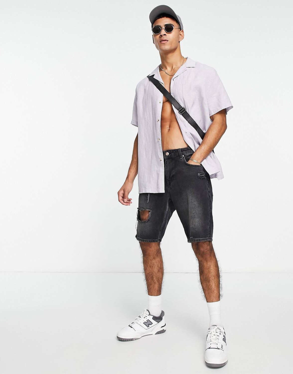 

Сиреневая свободная льняная рубашка с ребристым воротником ASOS DESIGN