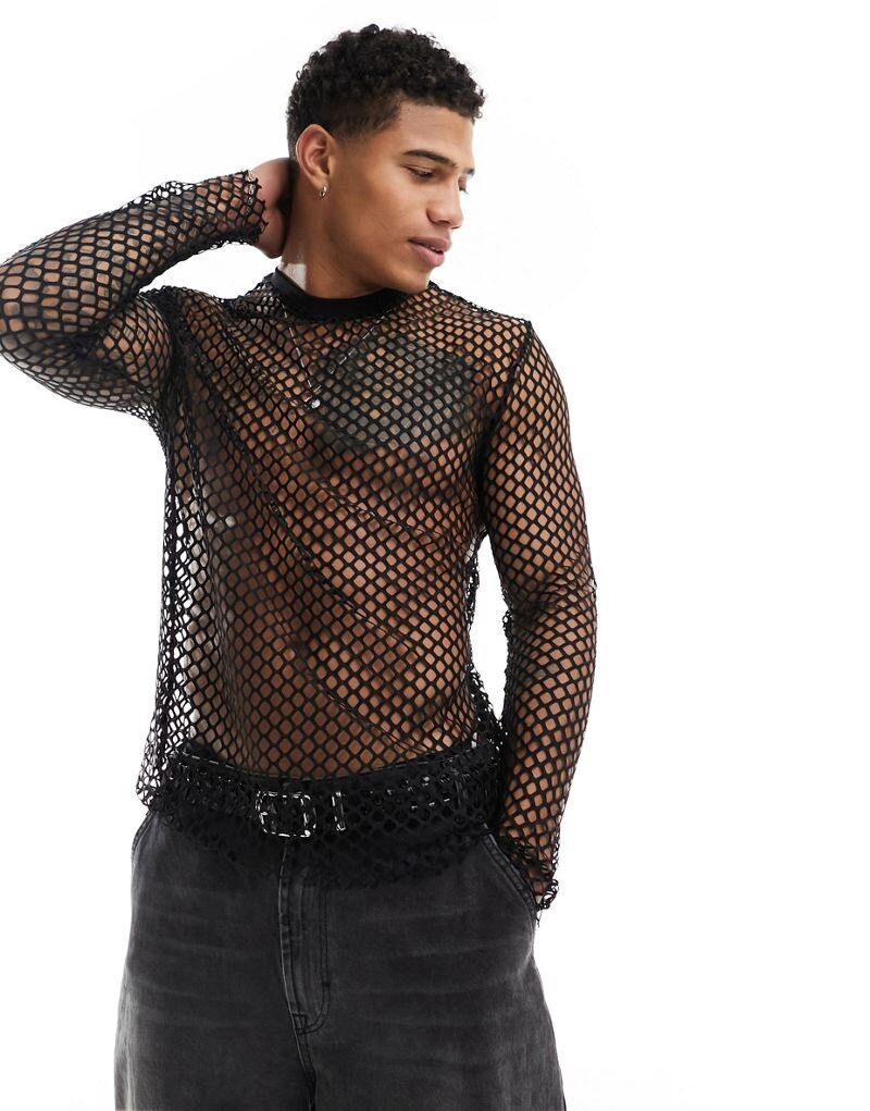 

Черная футболка с длинными рукавами из открытой сетки ASOS DESIGN
