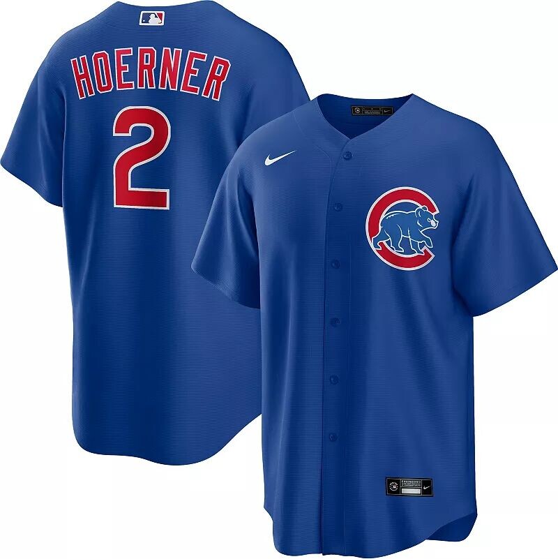 

Мужская футболка Nike Chicago Cubs Nico Hoerner #2 Royal Cool Base