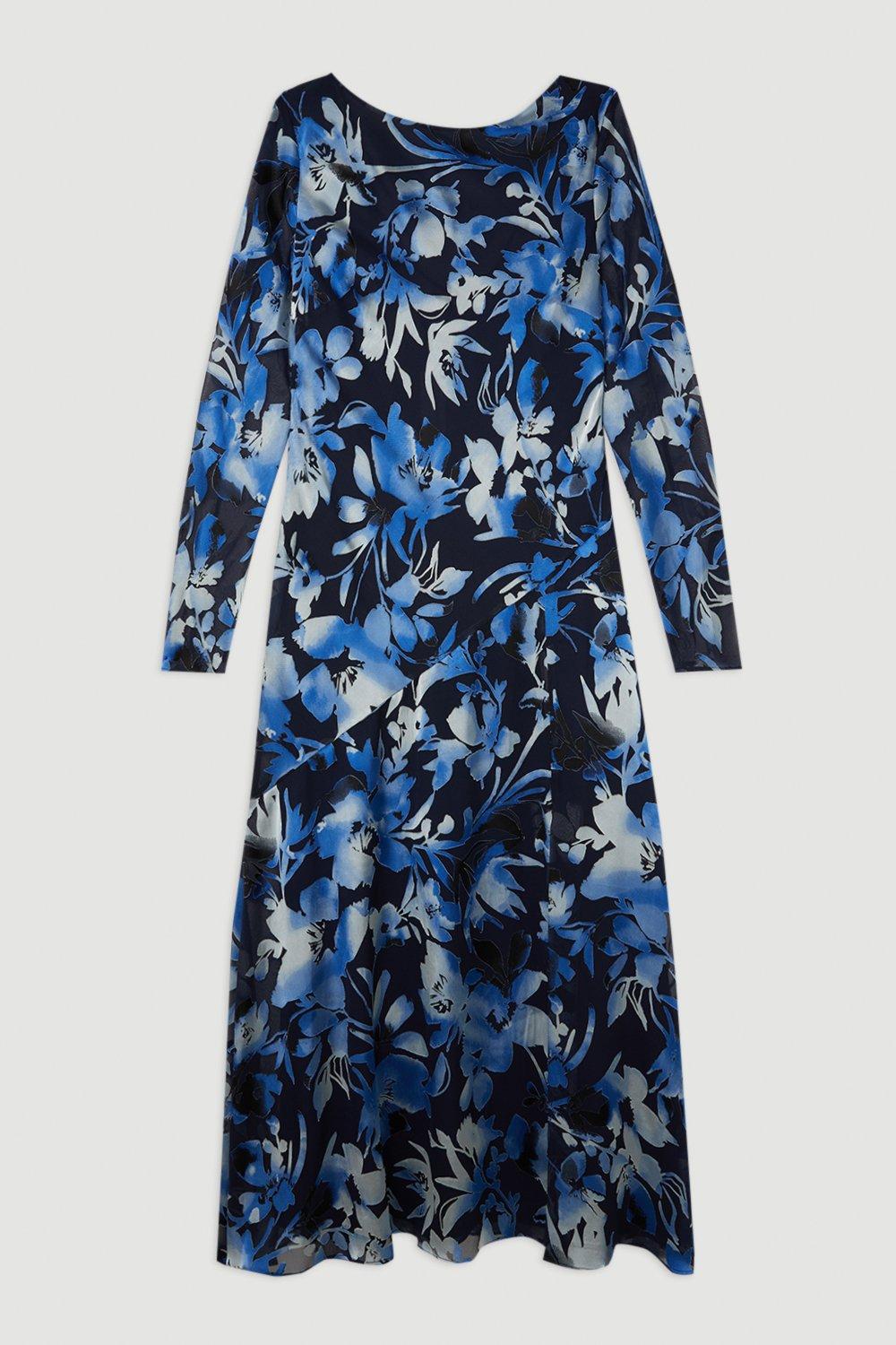 Плюс размер атласное тканое платье макси Devore с цветочным принтом Karen Millen, темно-синий