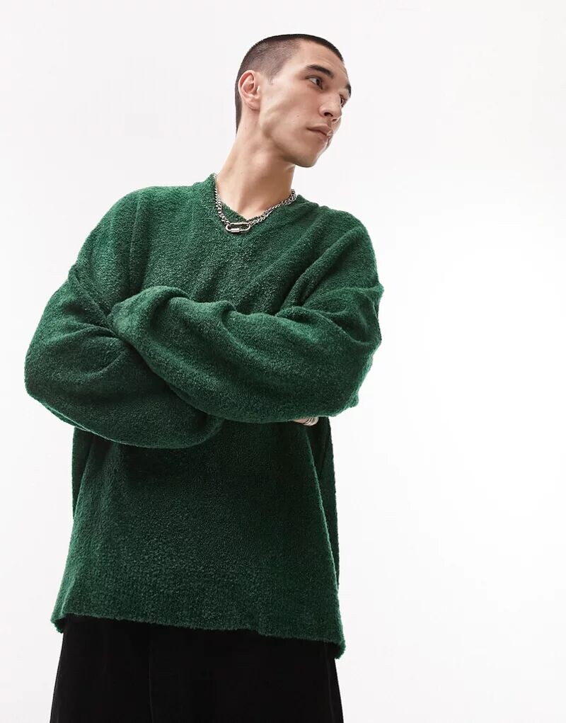 

Зеленый вязаный джемпер с V-образным вырезом букле Topman