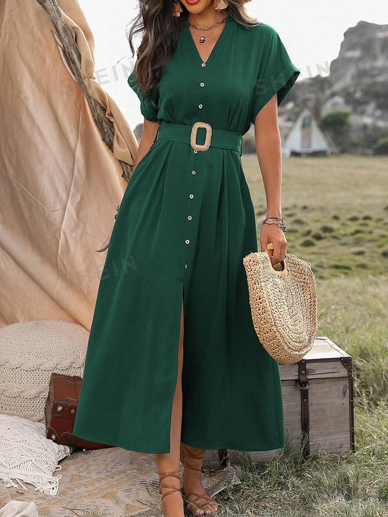 SHEIN LUNE Платье с V-образным вырезом и рукавами «летучая мышь» на пуговицах спереди, темно-зеленый