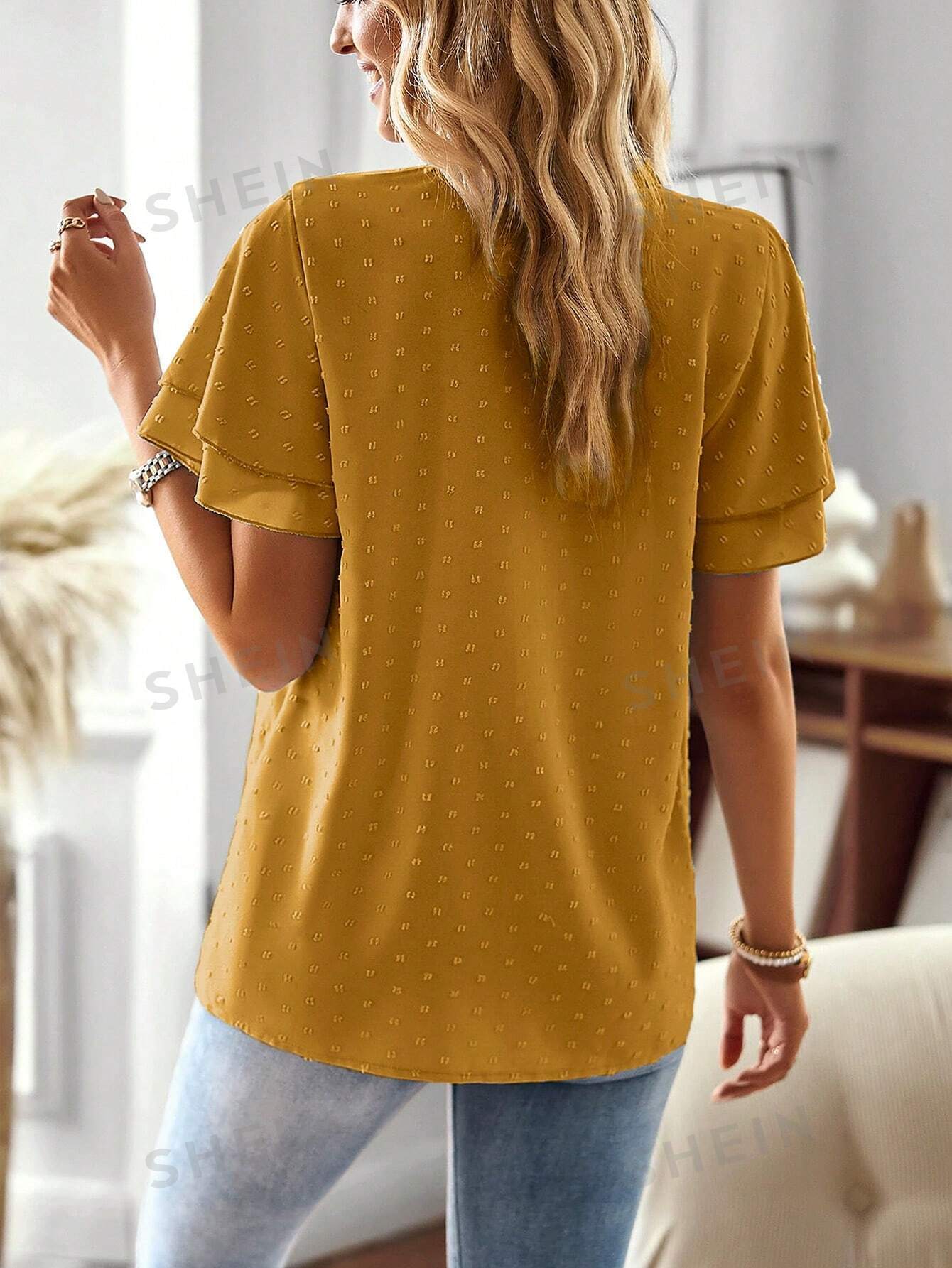 SHEIN LUNE Однотонная кружевная рубашка в стиле пэчворк с зубчатым вырезом, горчично-желтый