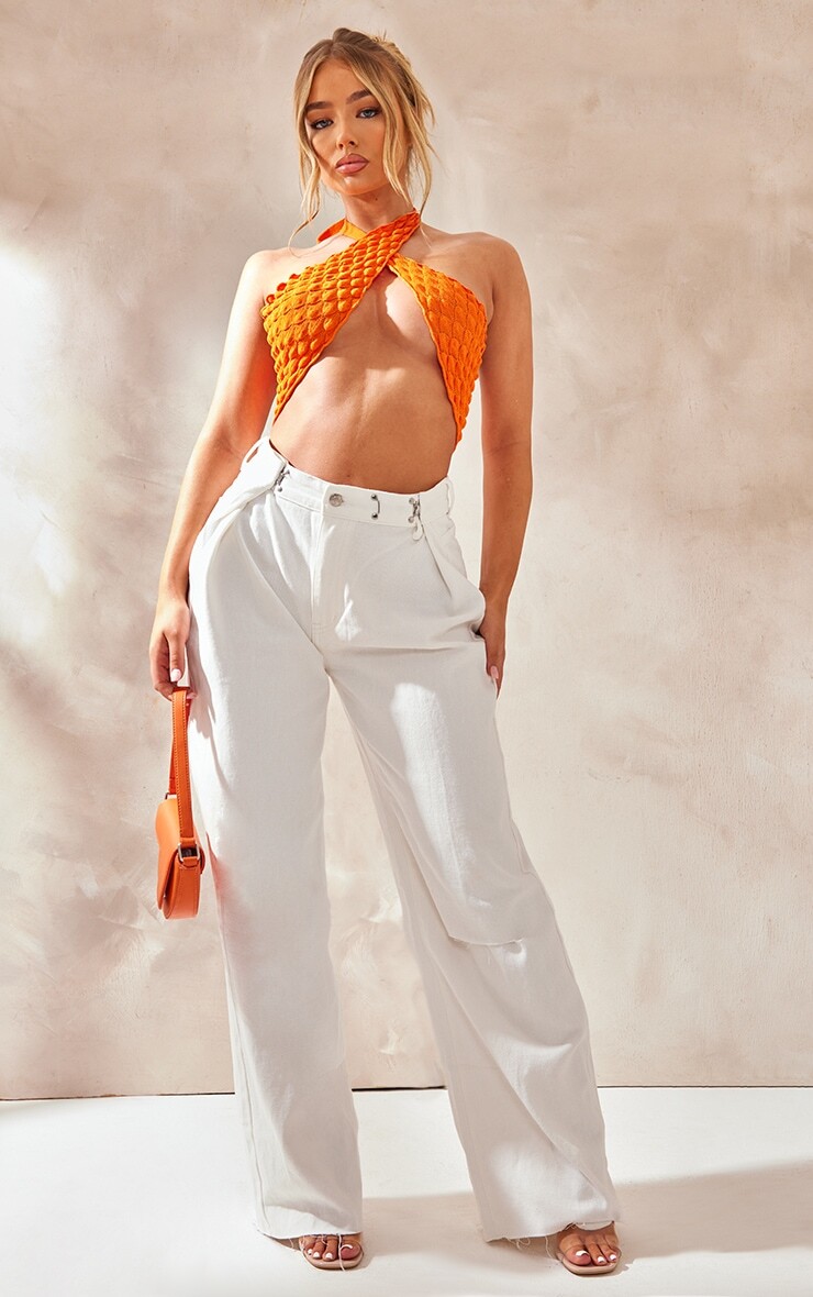 

PrettyLittleThing Белые широкие джинсы с регулируемым поясом
