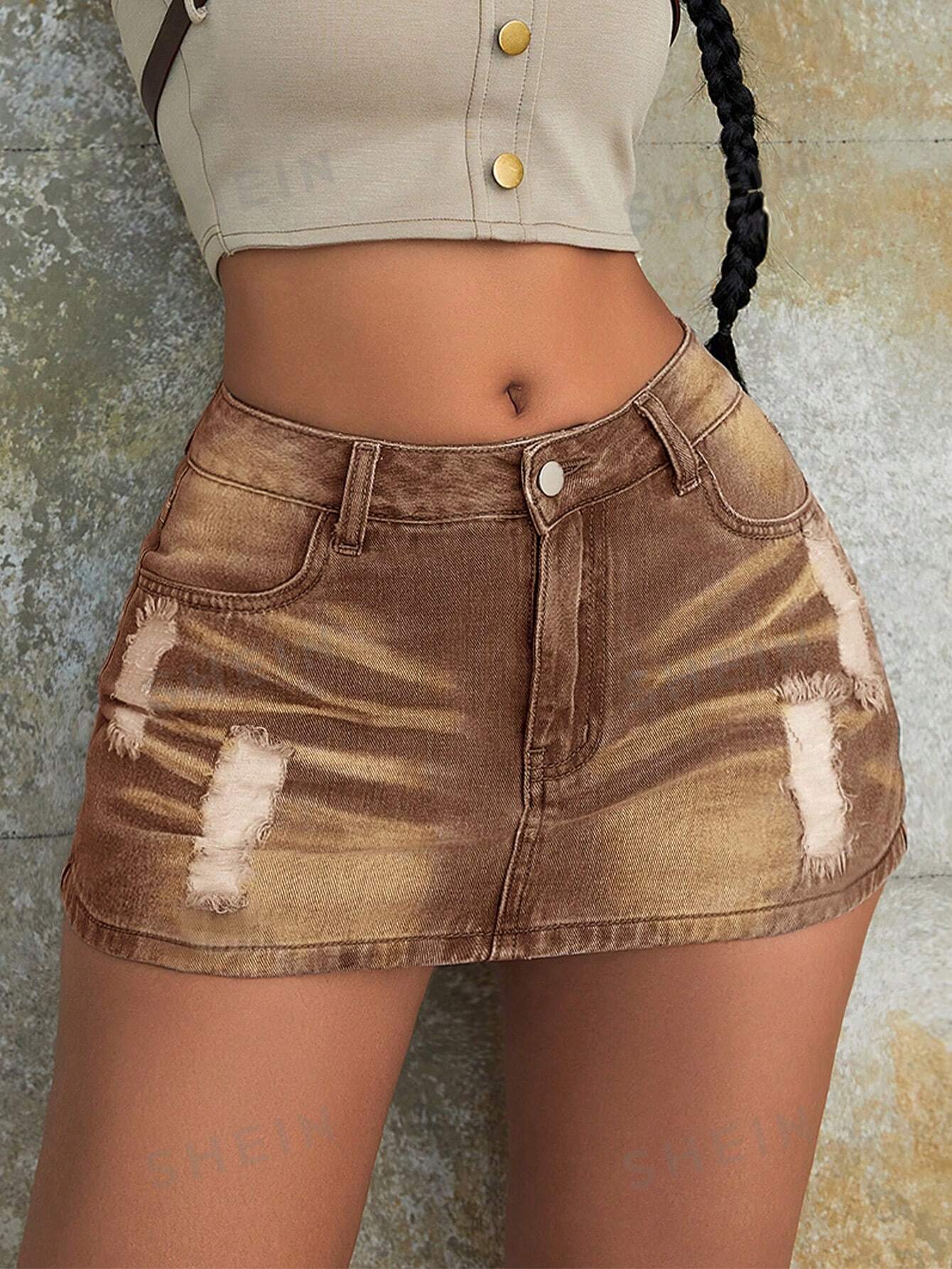 цена Винтажные уличные рваные джинсовые шорты с косыми карманами в стиле 90-х годов, коричневый