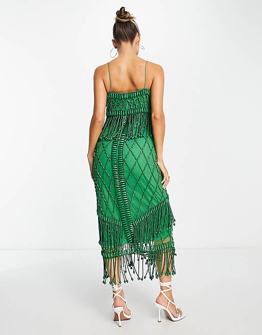 

Зеленое платье миди с бахромой и деревянными бусинами ASOS DESIGN