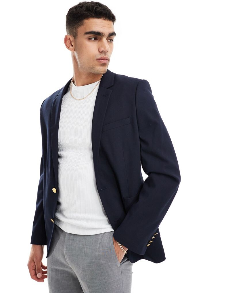 

ASOS DESIGN – темно-синий жакет на заказ, застегивающийся на золотые пуговицы