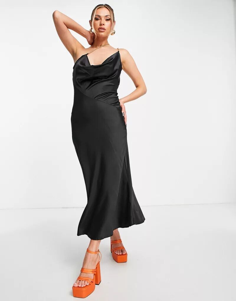 

Черное асимметричное платье миди Femme Luxe с атласными бретелями со стразами