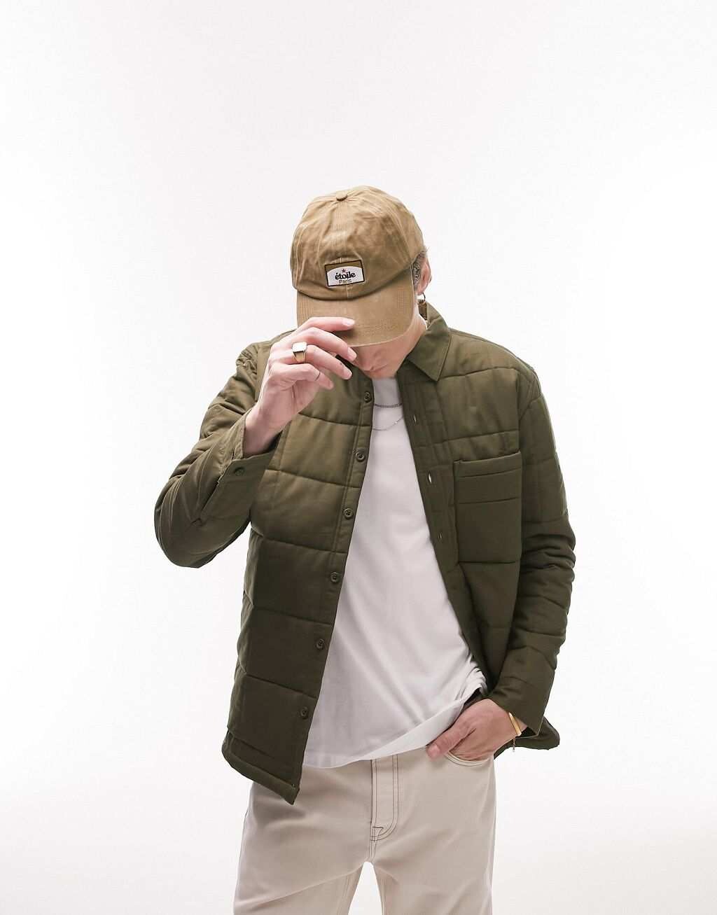 

Стеганая рубашка в квадратную клетку цвета хаки Topman