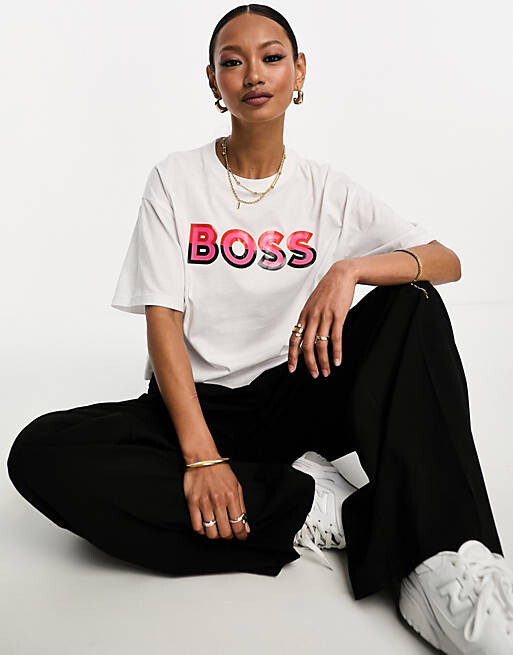 

Белая укороченная футболка с логотипом BOSS Eviny