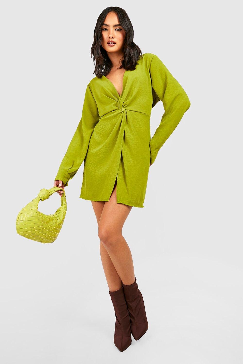Мини-платье из ткани с передней передней частью Boohoo, шартрез