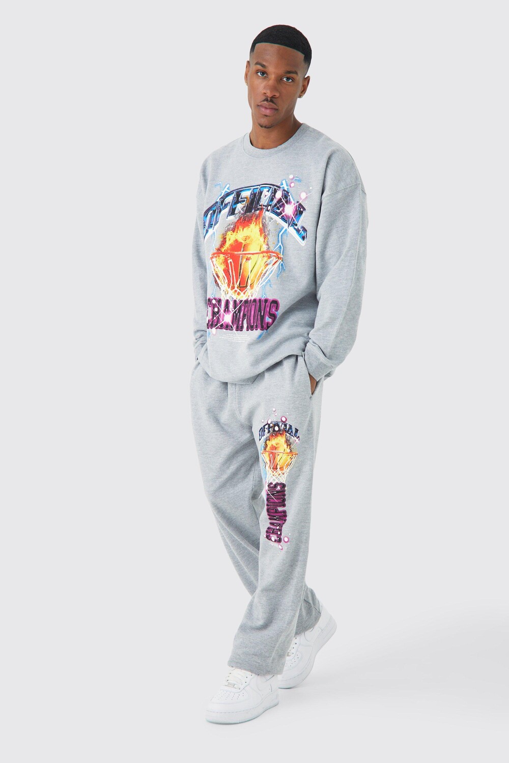 

Спортивный костюм oversize basketball flames Boohoo, серый