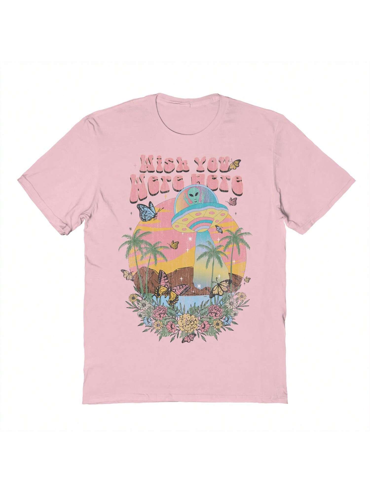 если бы ты был здесь пиколт дж Хлопковая футболка унисекс с короткими рукавами с графическим рисунком «Почти там хотелось бы, розовый