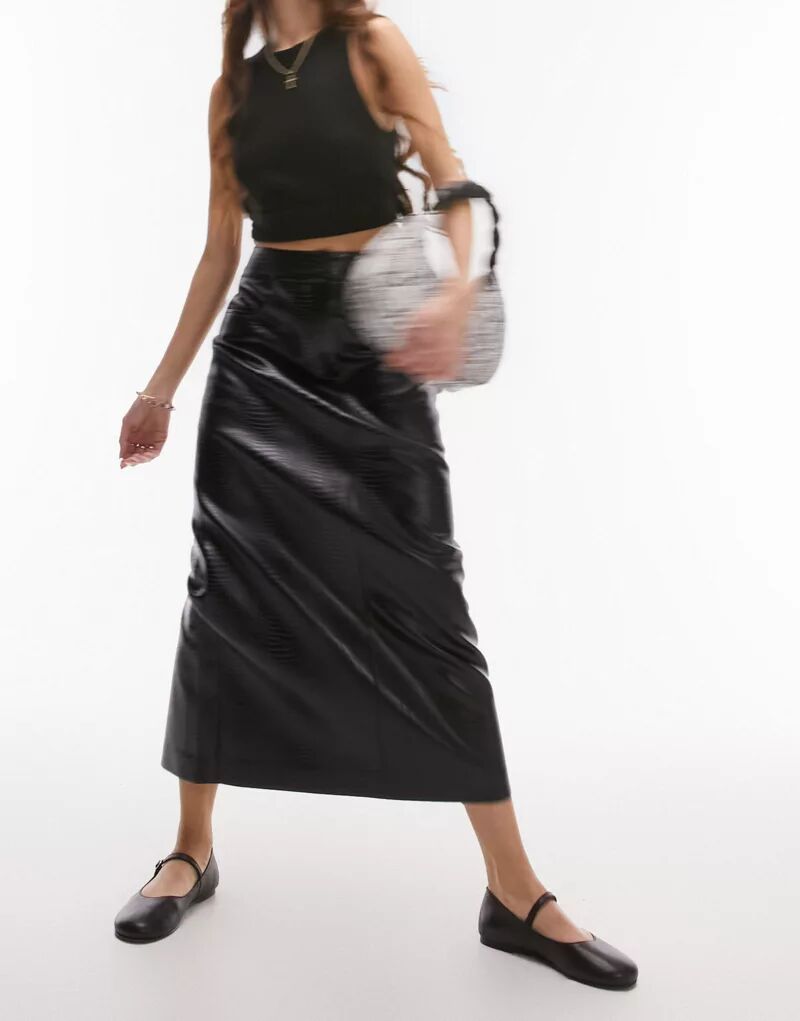 цена Черная юбка миди из искусственной кожи Topshop со змеиным принтом