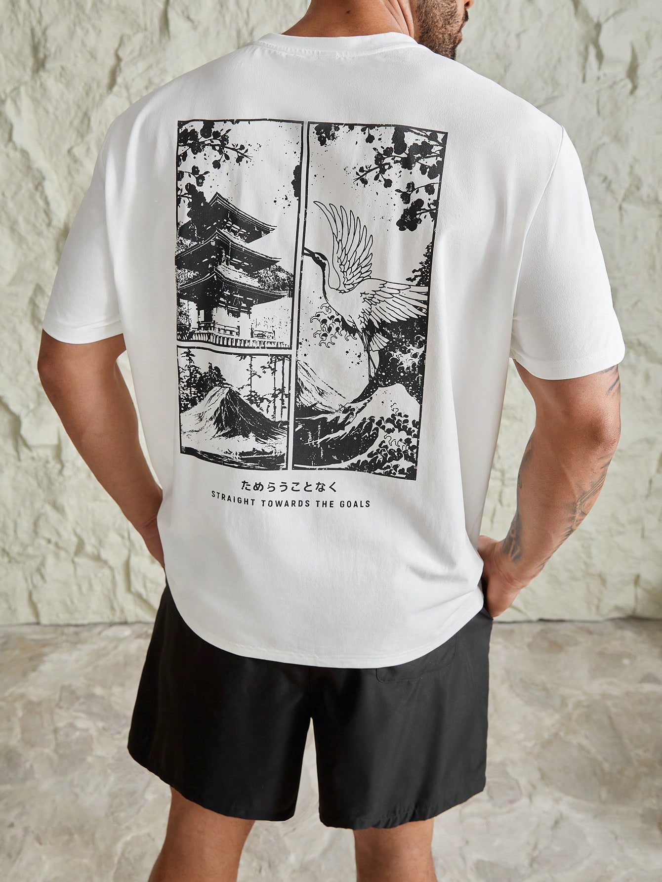 Мужская футболка и шорты с пейзажным и буквенным принтом Manfinity Hypemode размера плюс, черное и белое