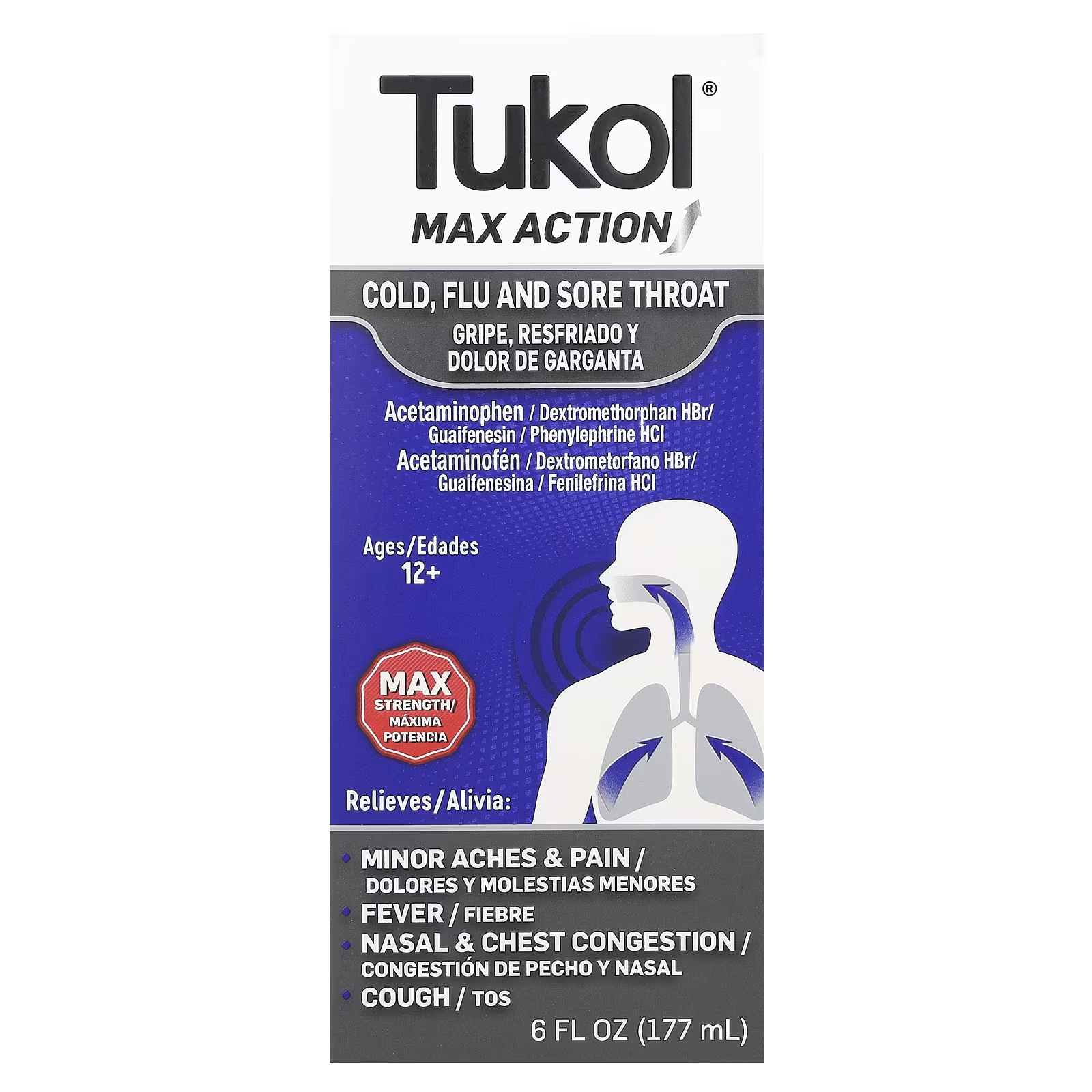 Средство для детей от 12 лет Tukol Max Action при простуде и боли в горле, 177 мл