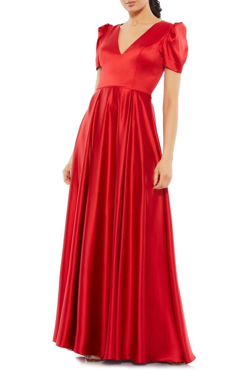 

Атласное платье трапециевидной формы с пышными рукавами MAC DUGGAL, красный