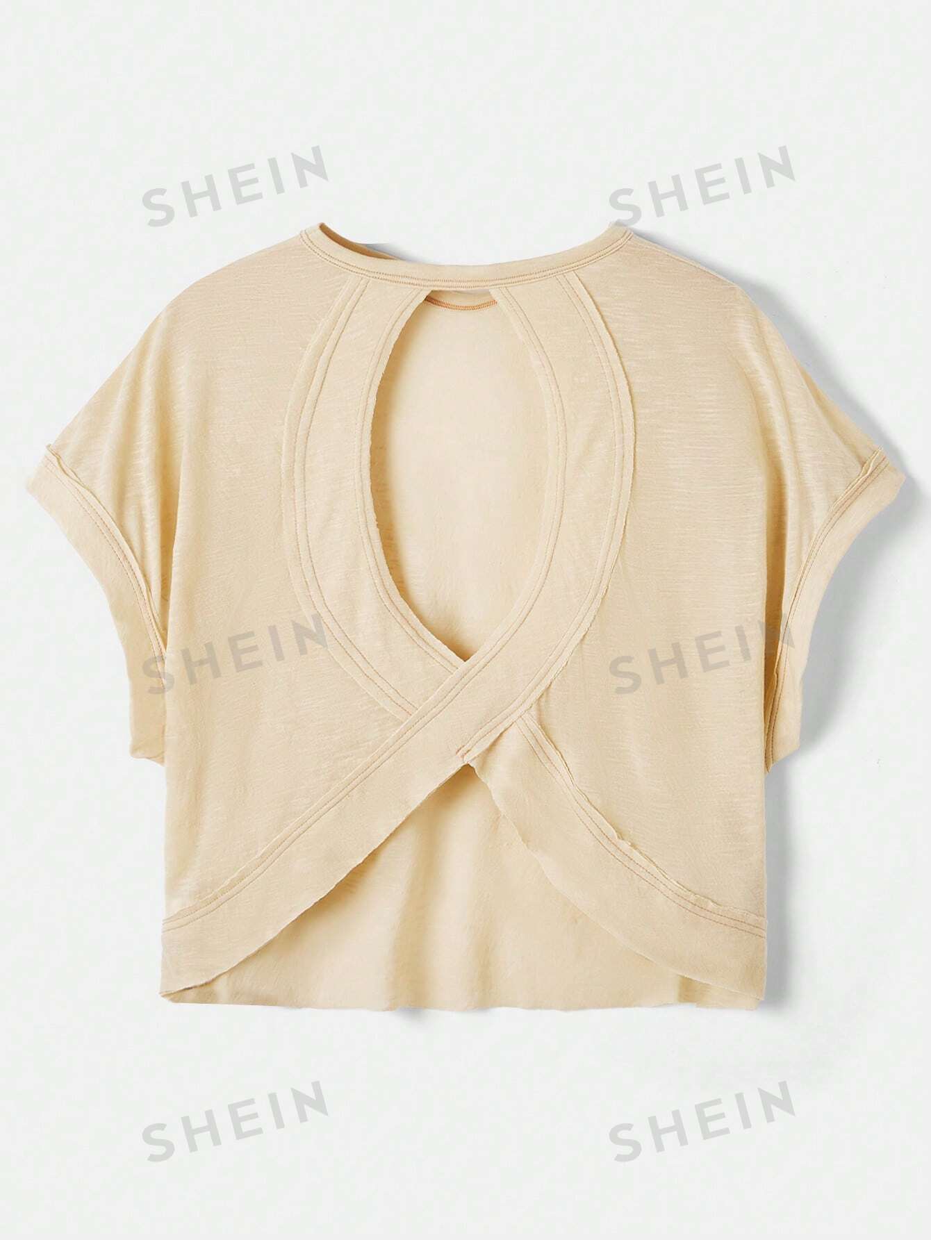 цена SHEIN Essnce Женская однотонная футболка с рукавами «летучая мышь» и открытой спиной, абрикос