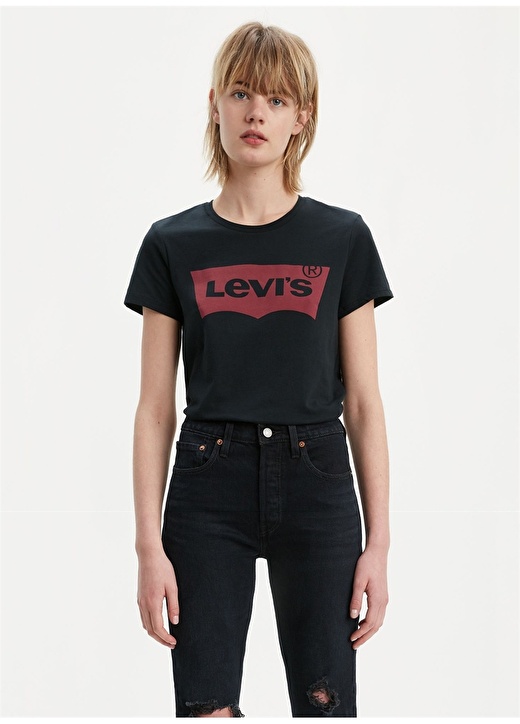 Женская черная футболка с круглым вырезом с принтом Levis