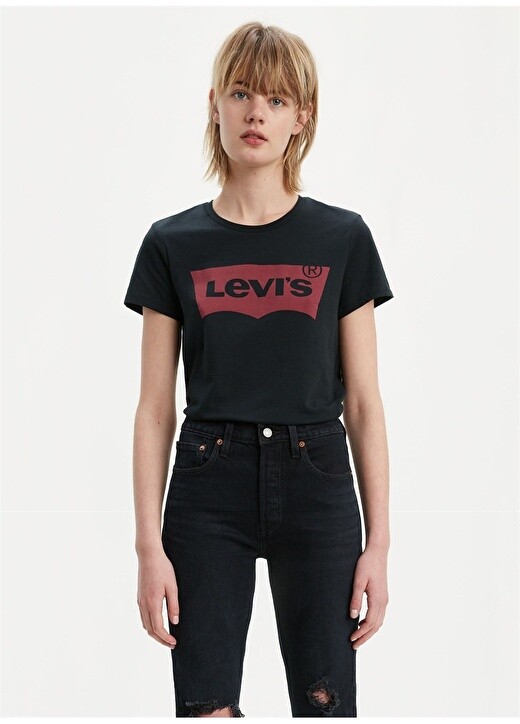 

Женская черная футболка с круглым вырезом с принтом Levis, Черный, Женская черная футболка с круглым вырезом с принтом Levis