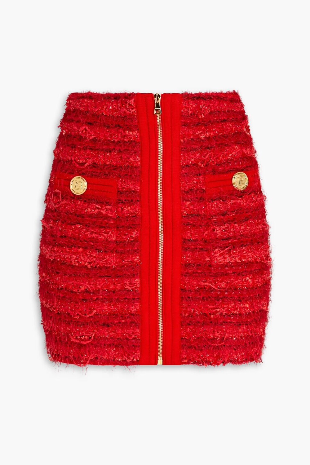 

Твидовая мини-юбка с потертостями и эффектом металлик Balmain, красный