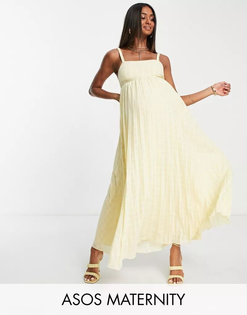 

Пастельно-желтое плиссированное платье миди на резинке ASOS DESIGN Maternity