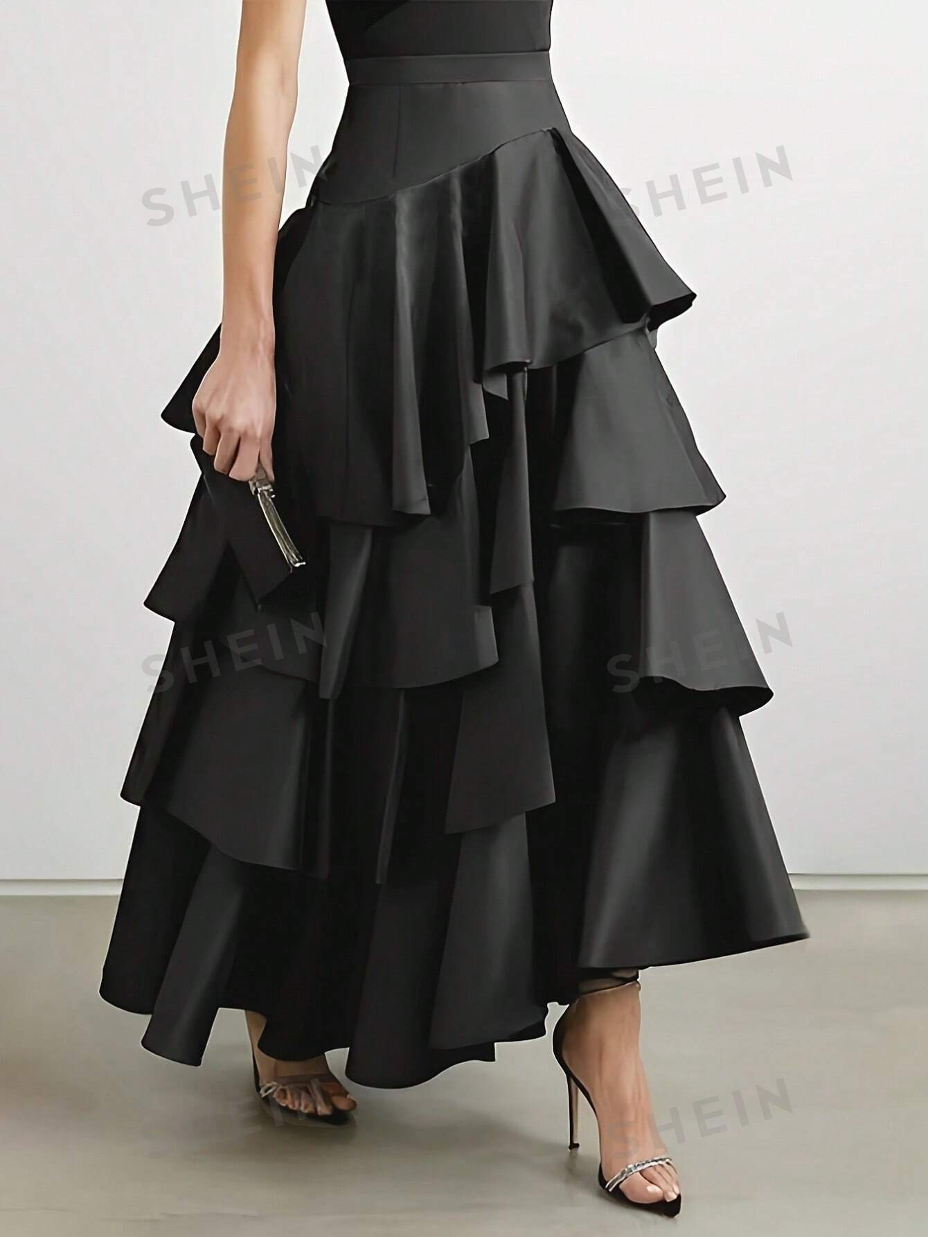 SHEIN Privé Однотонная многослойная юбка-миди с рюшами, черный юбка многослойная розовый