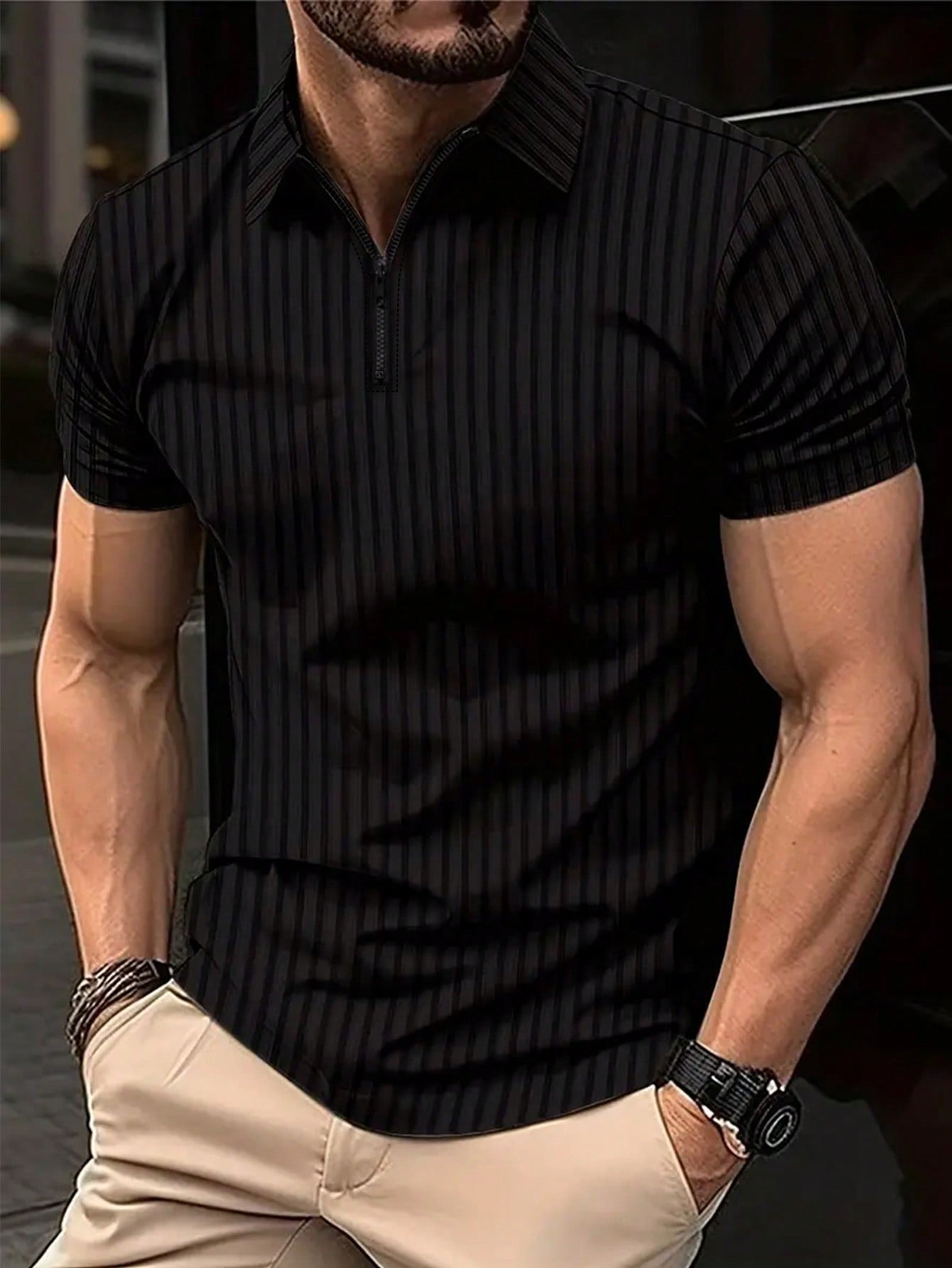 цена Мужская полосатая рубашка-поло с молнией до половины и короткими рукавами Manfinity Homme больших размеров, черный