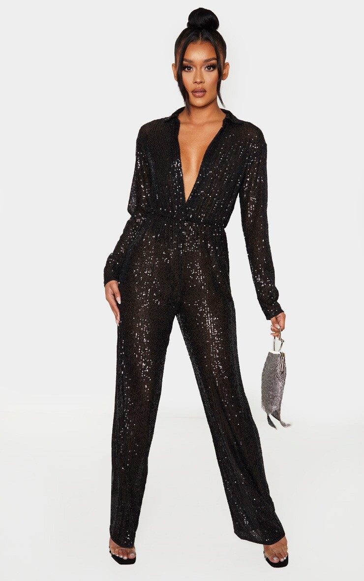 

PrettyLittleThing Черный комбинезон с длинным рукавом и воротником с пайетками