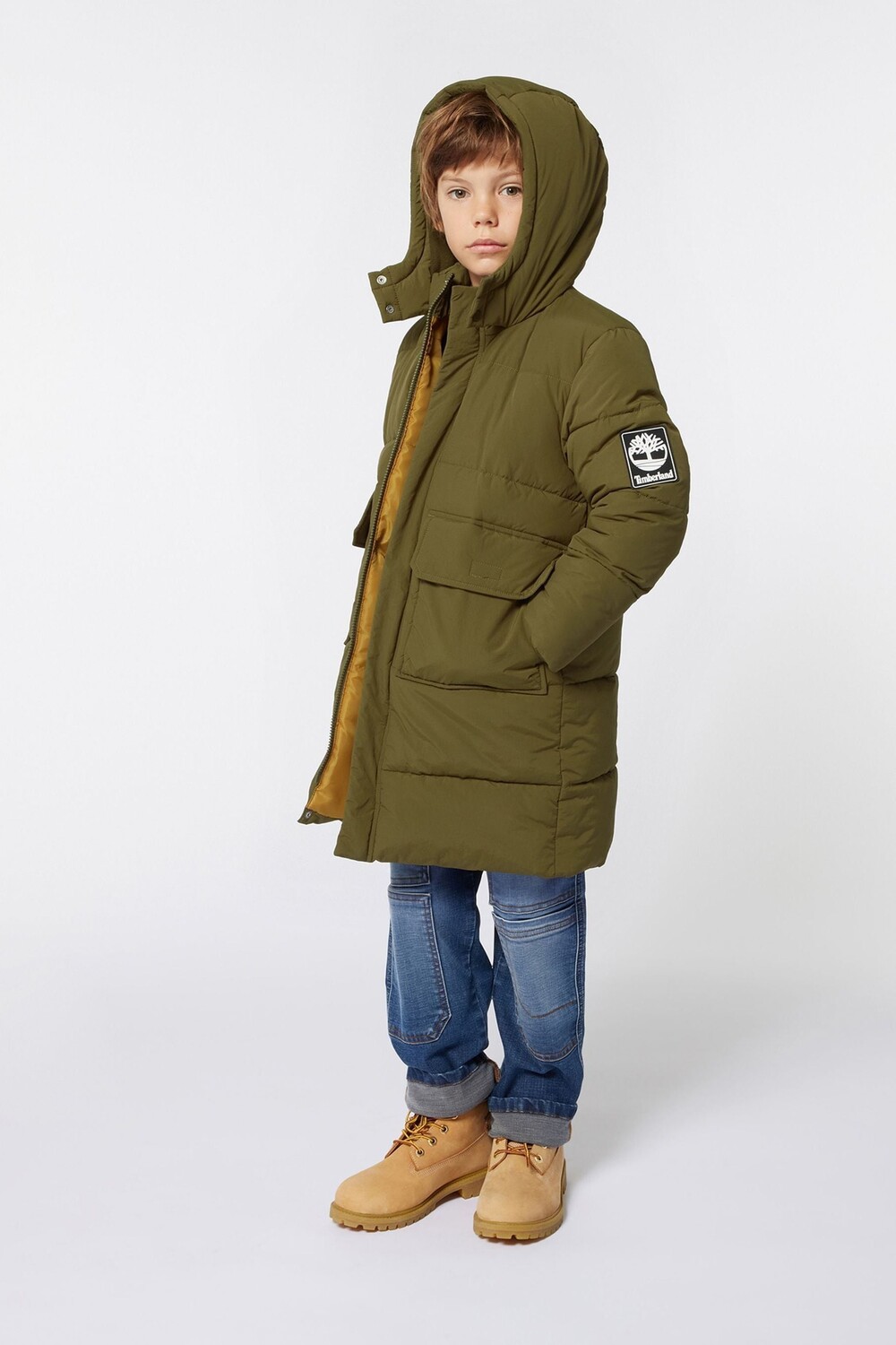 

Удлиненный пуховик с капюшоном Timberland, зеленый