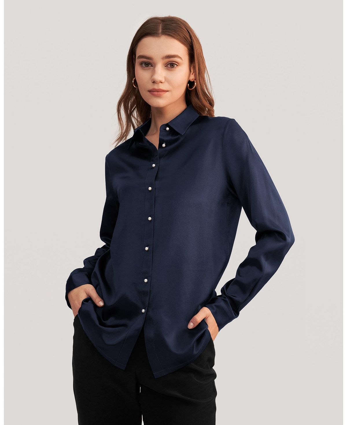 Женская классическая шелковая рубашка с жемчужными пуговицами LILYSILK, синий цена и фото