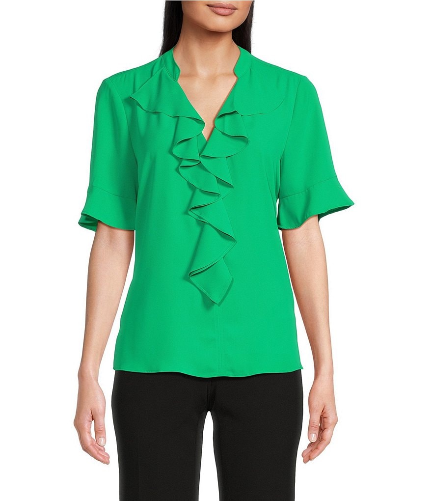 KARL LAGERFELD PARIS Блузка с короткими рукавами и рюшами спереди, зеленый