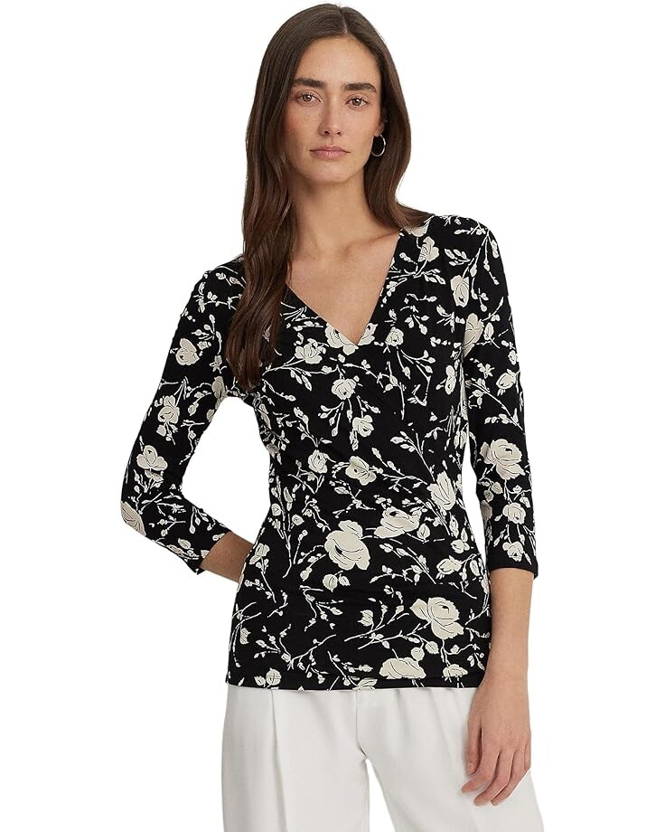 

Топ LAUREN Ralph Lauren Floral Surplice Stretch Jersey, черный